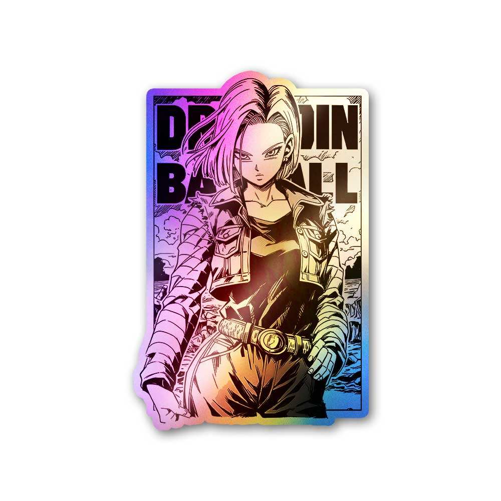 Android 18 Holographic Sticker waterproof vinyl decal for laptop, bike, car & bottle