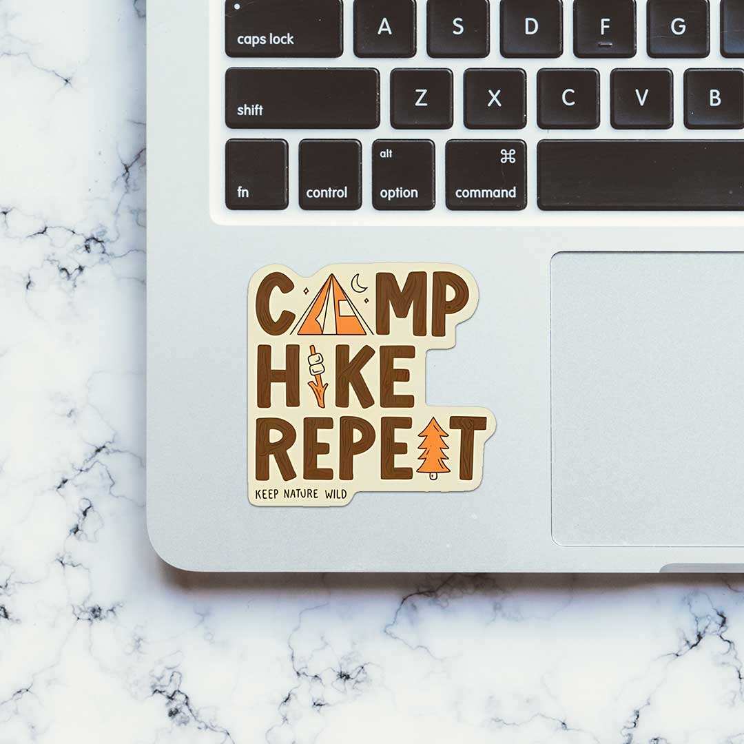 Camp Hike Repeat Sticker waterproof vinyl decal for laptop, bike, car & bottle