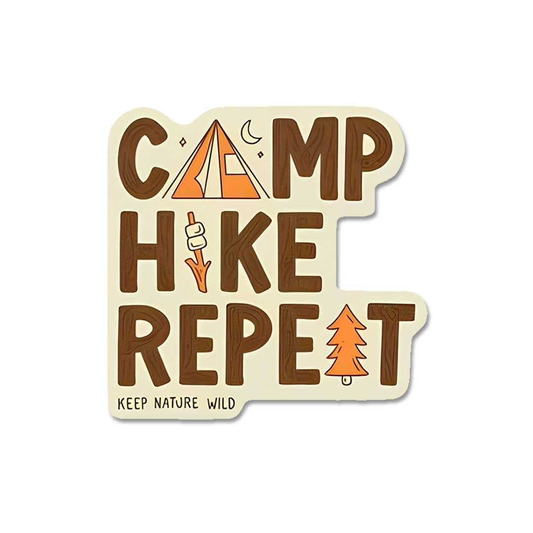Camp Hike Repeat Sticker waterproof vinyl decal for laptop, bike, car & bottle