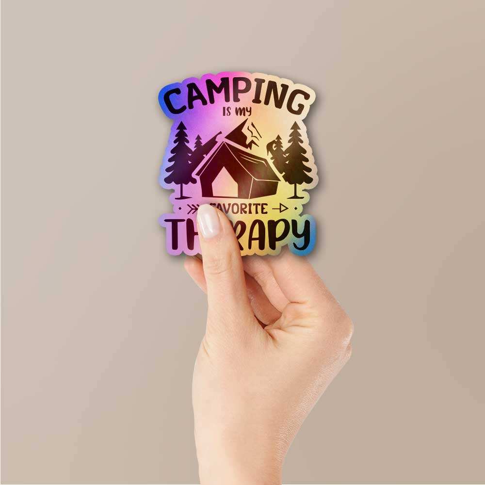 Camping Is My Favorite Therapy Holographic Sticker waterproof vinyl decal for laptop, bike, car & bottle