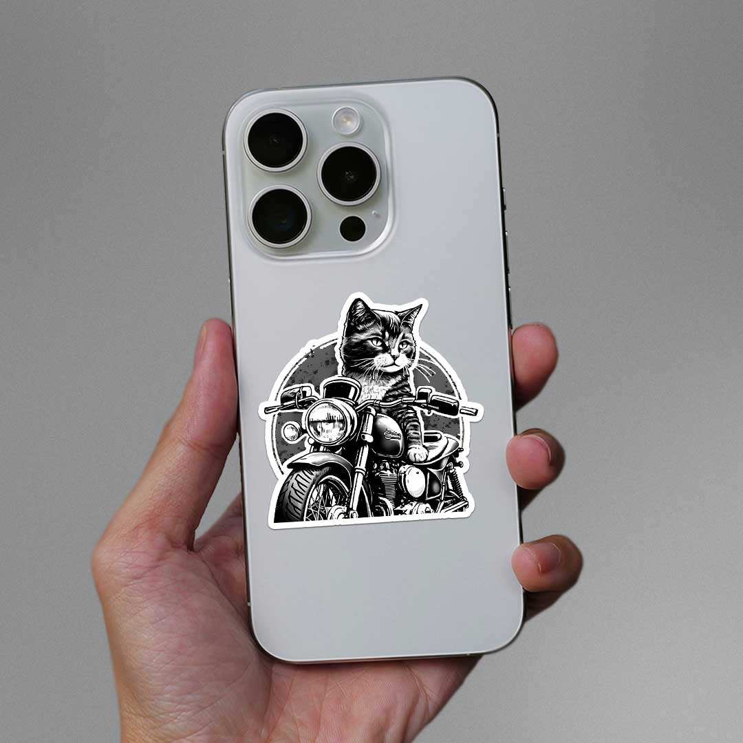 Cat Rider Sticker waterproof vinyl decal for laptop, bike, car & bottle
