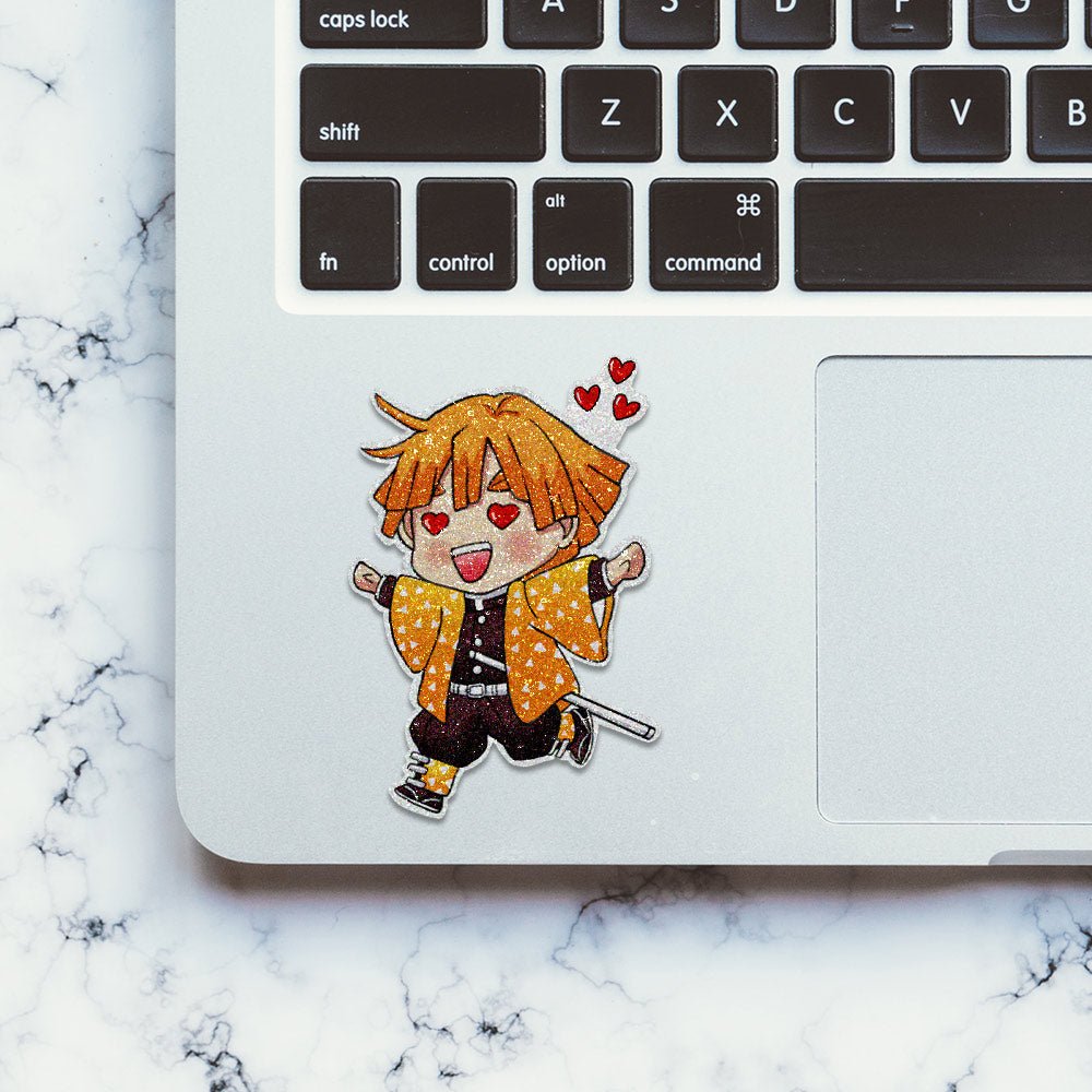Chibi Zenitsu Glitter Sticker waterproof vinyl decal for laptop, bike, car & bottle
