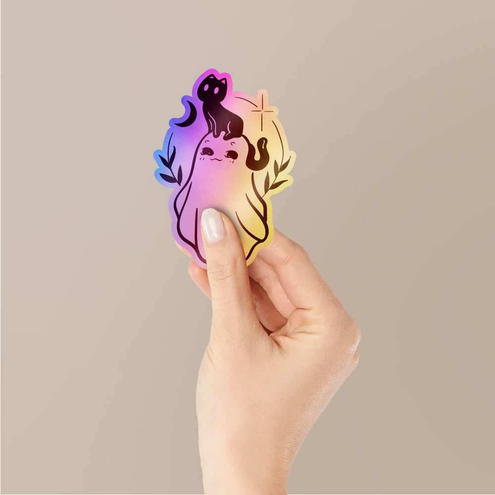 Cute Cat and Gost Holographic Stickers waterproof vinyl decal for laptop, bike, car & bottle