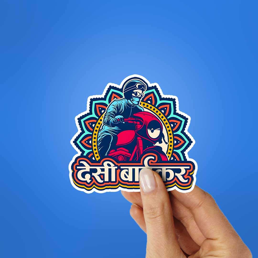 Desi Biker Sticker waterproof vinyl decal for laptop, bike, car & bottle