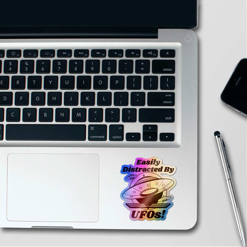 Easily Distracted By ufo's Holographic Stickers waterproof vinyl decal for laptop, bike, car & bottle