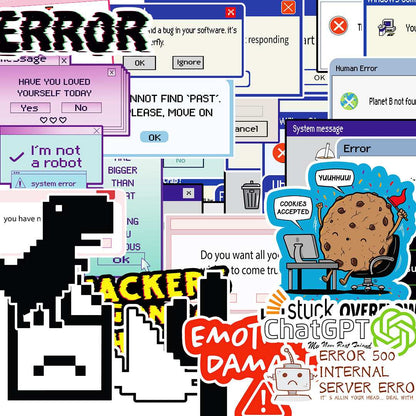Error Sticker Packs [50 sticker] waterproof vinyl decal for laptop, bike, car & bottle