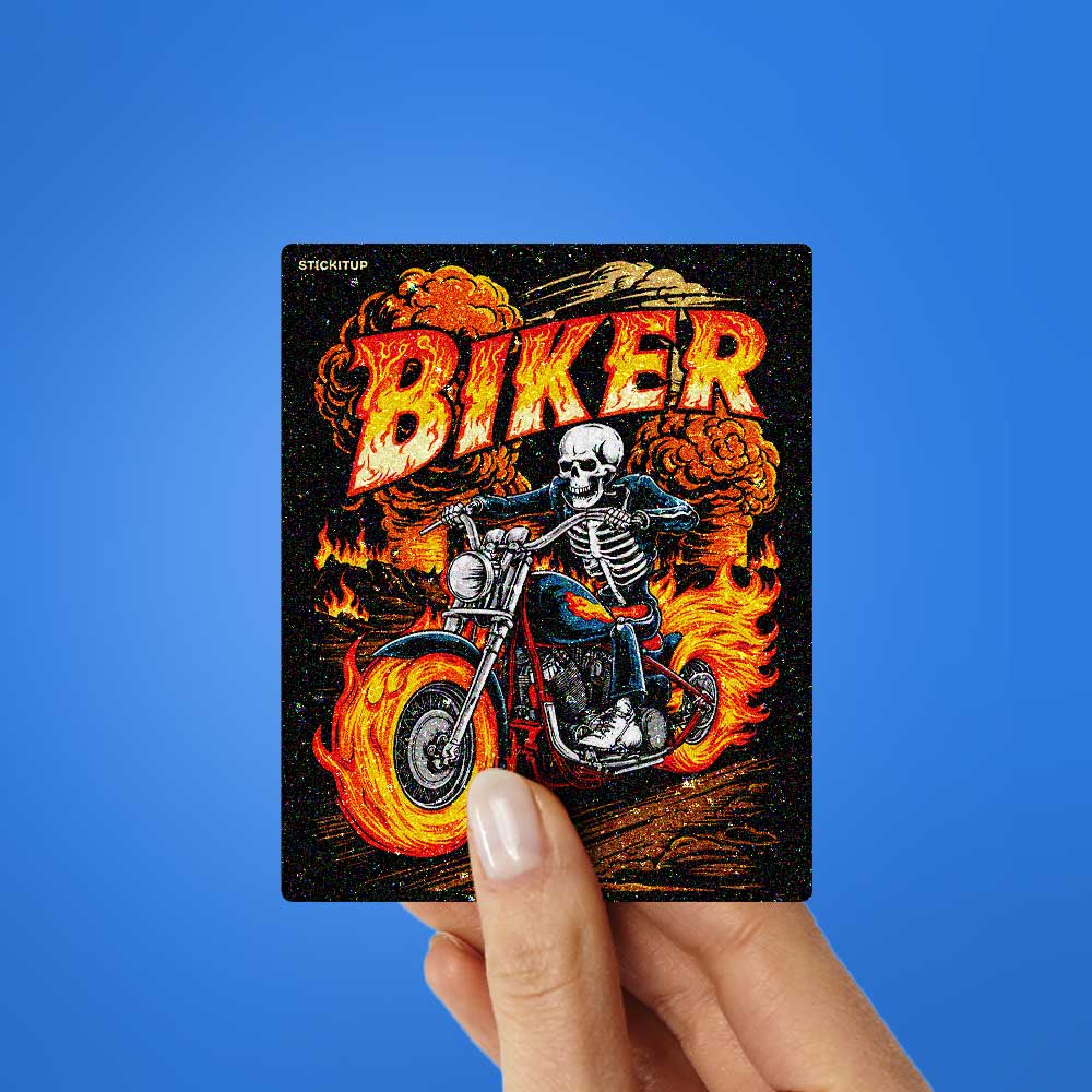 Flaming Skeleton Biker Glitter Sticker - Glitter Stickers | STICK IT UP