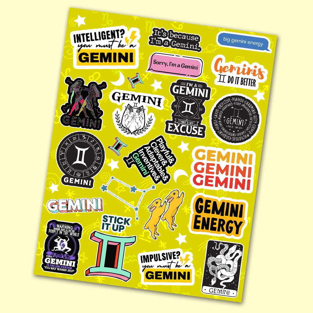 Gemini Mini Stickers Sheet waterproof vinyl decal for laptop, bike, car & bottle