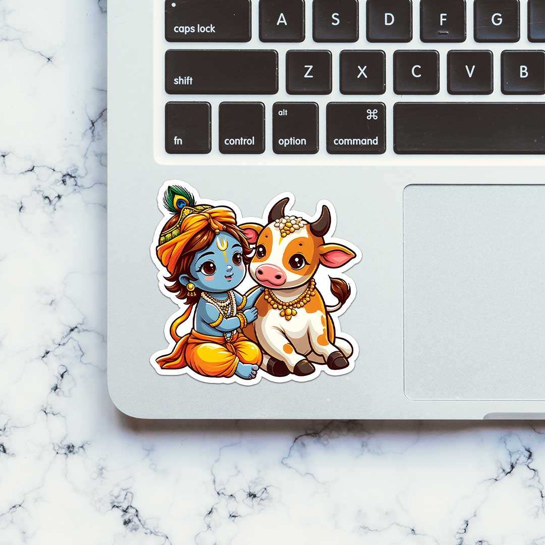 Krishna And Cow Sticker waterproof vinyl decal for laptop, bike, car & bottle