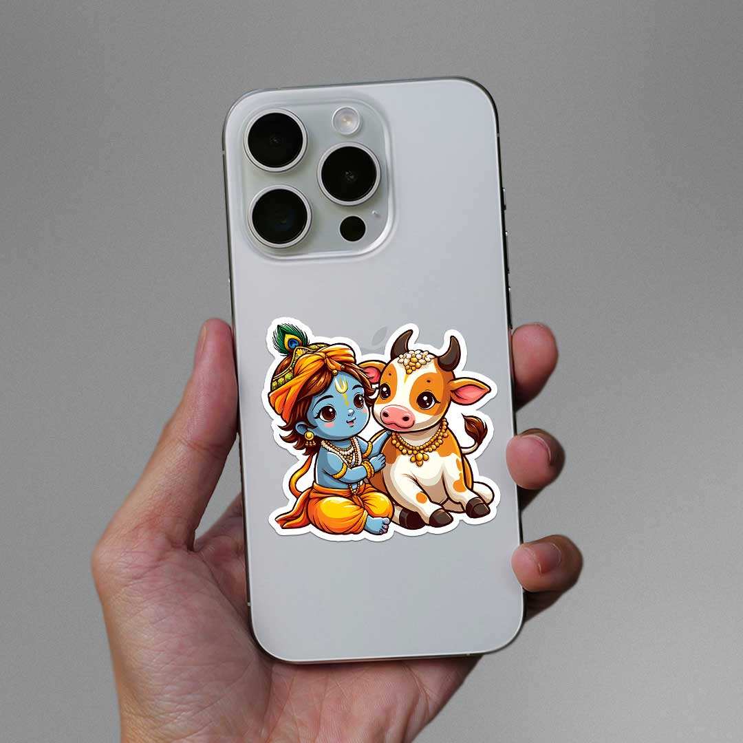 Krishna And Cow Sticker waterproof vinyl decal for laptop, bike, car & bottle