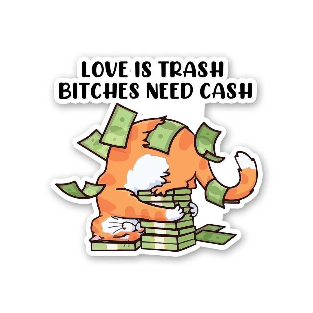 Love Is Trash Bitches Need Cash Sticker waterproof vinyl decal for laptop, bike, car & bottle