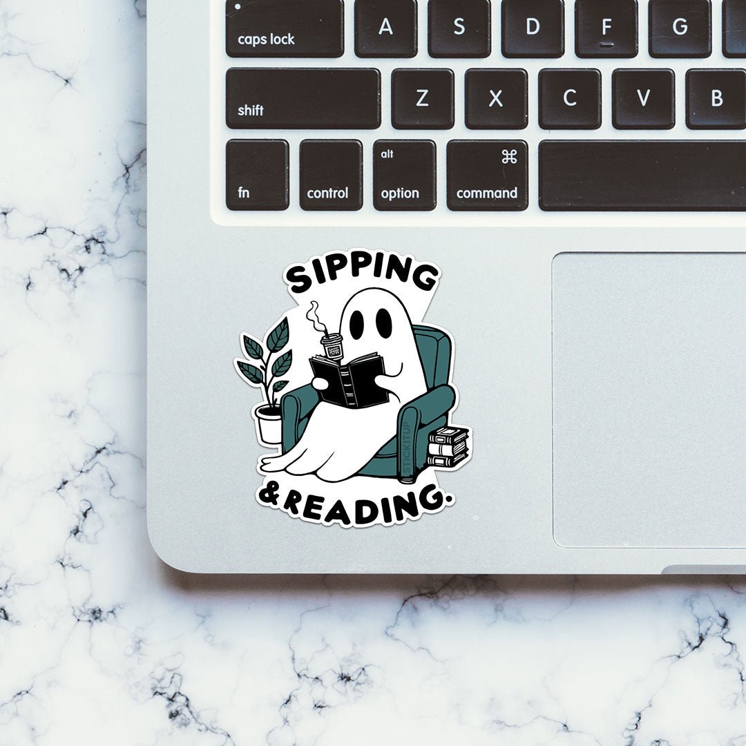 Sipping & Reading Sticker waterproof vinyl decal for laptop, bike, car & bottle