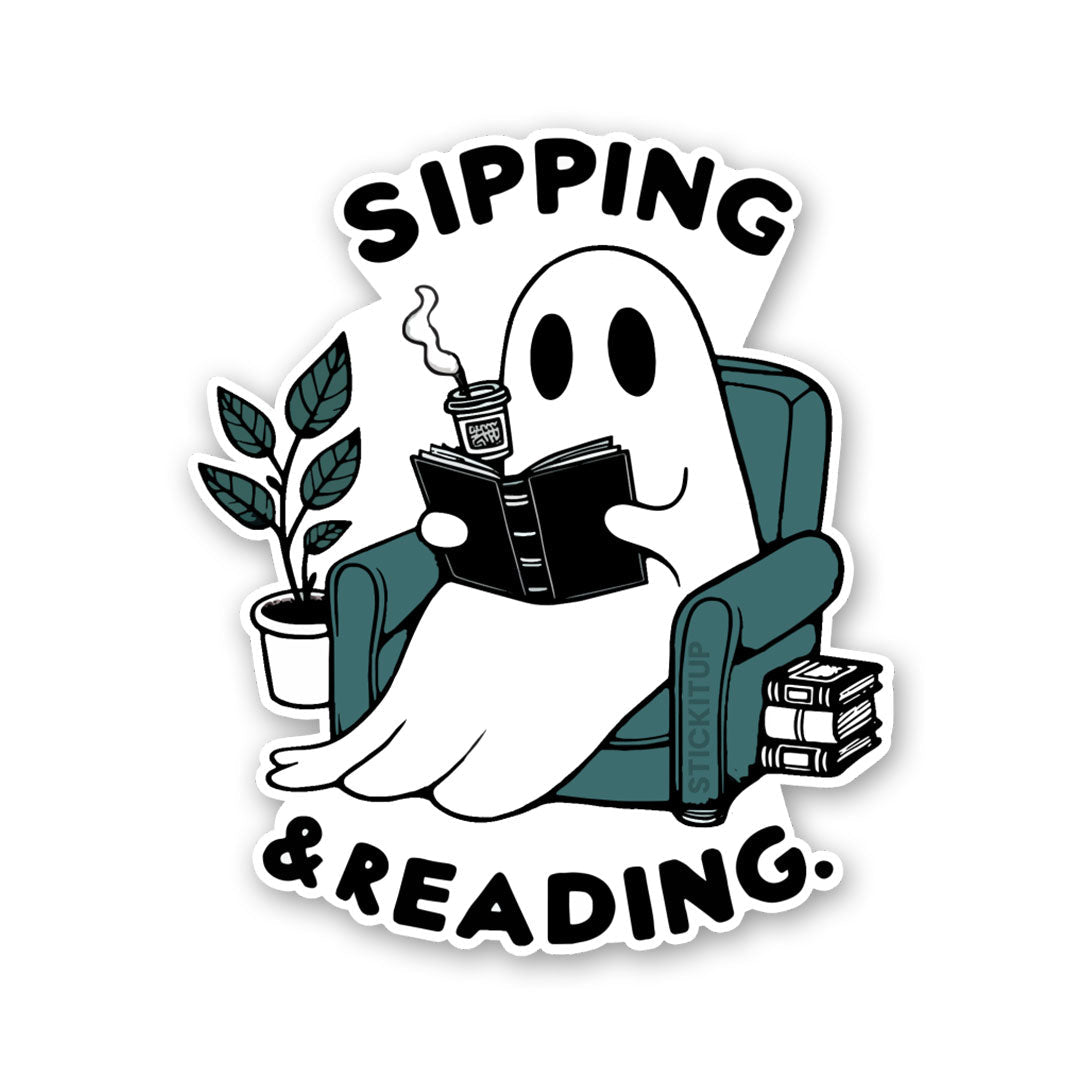 Sipping & Reading Sticker waterproof vinyl decal for laptop, bike, car & bottle