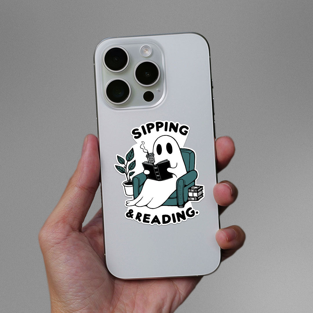 Sipping & Reading Sticker waterproof vinyl decal for laptop, bike, car & bottle