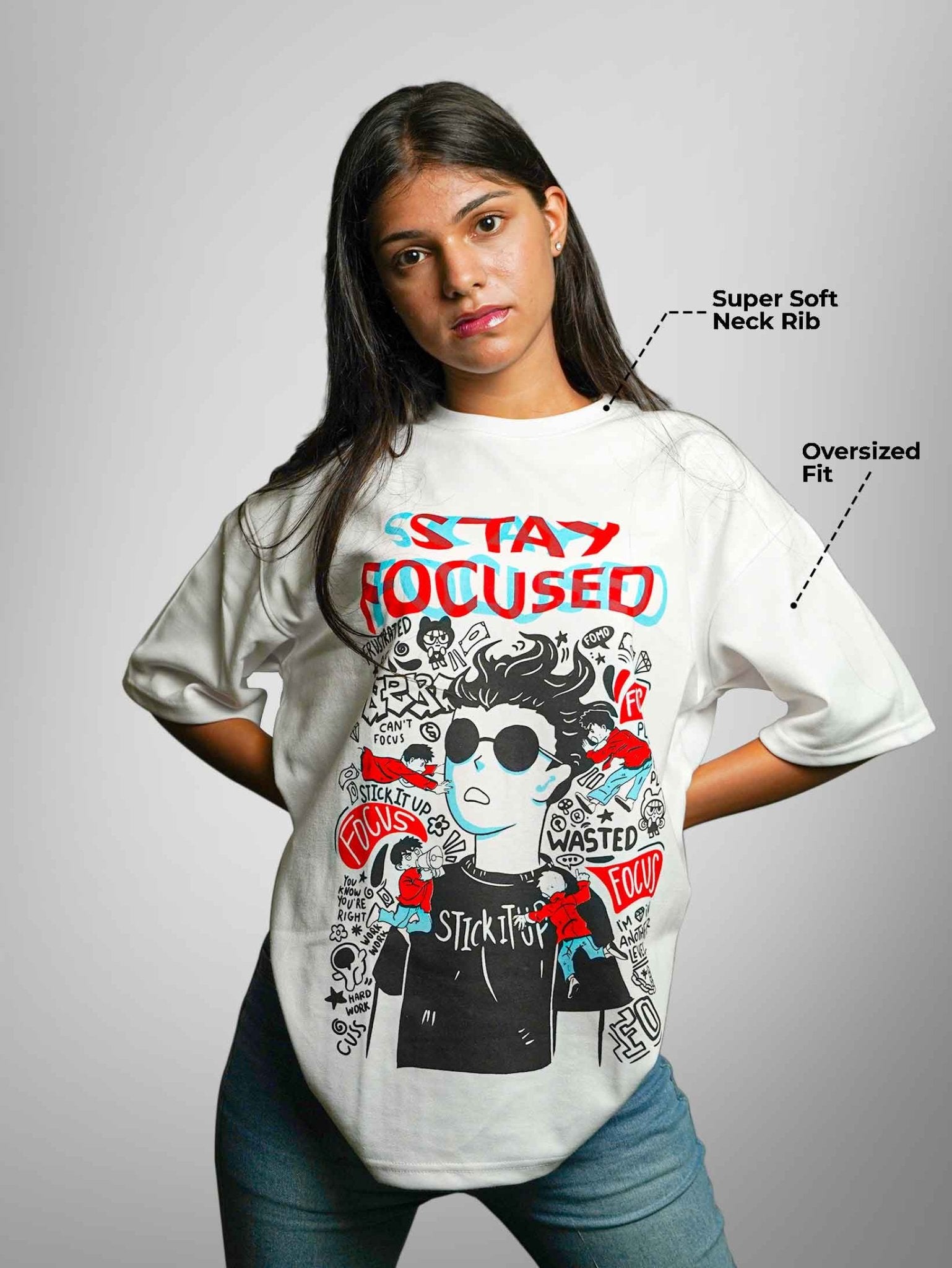 STAY FOCUSED OVERSIZED T - SHIRT waterproof vinyl decal for laptop, bike, car & bottle