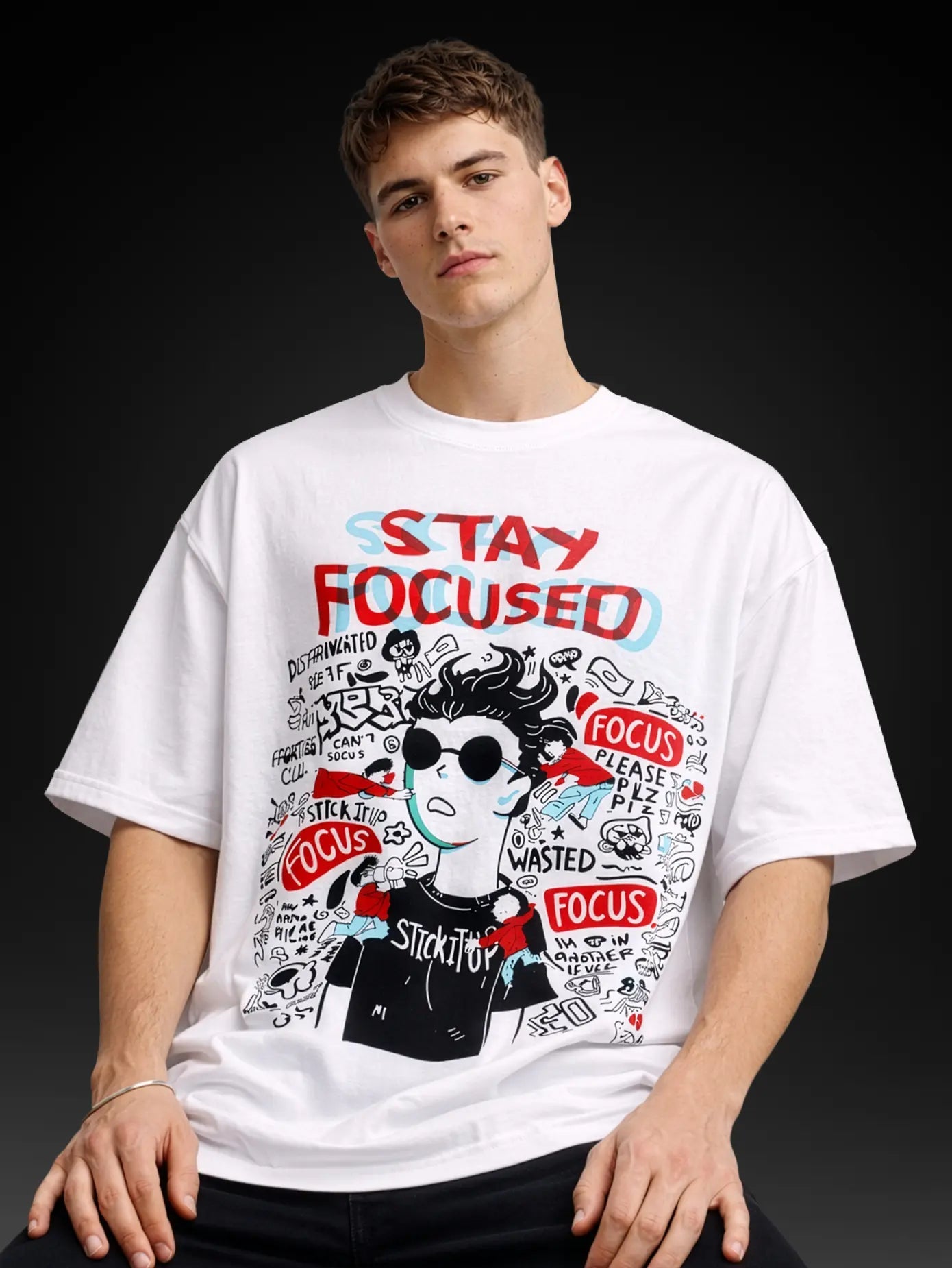 STAY FOCUSED OVERSIZED T - SHIRT waterproof vinyl decal for laptop, bike, car & bottle