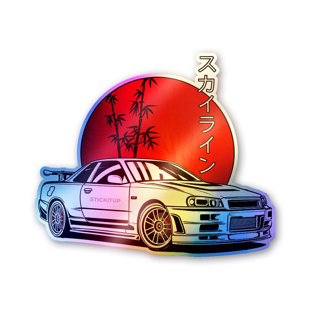 White Sports Car Red Sun Holographic Stickers - Holographic stickers | STICK IT UP