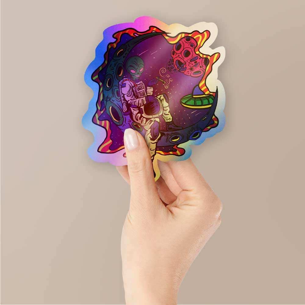 Alien on moon Holographic Stickers | STICK IT UP