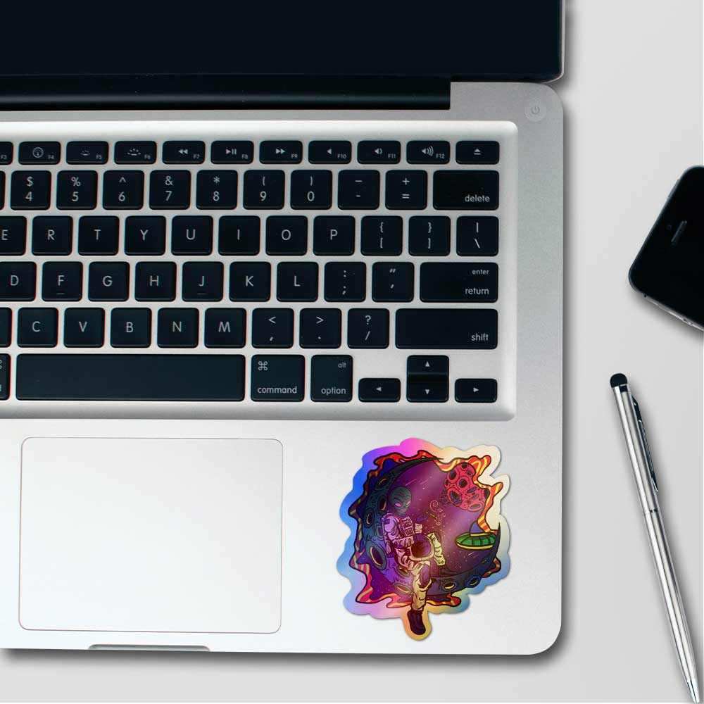Alien on moon Holographic Stickers waterproof vinyl decal for laptop, bike, car & bottle
