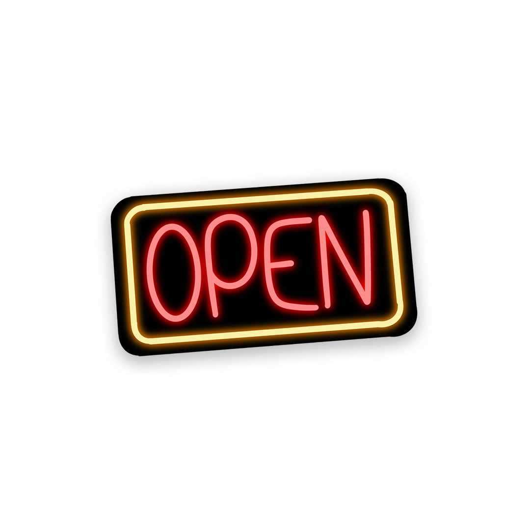 Neon Open Sticker waterproof vinyl decal for laptop, bike, car & bottle