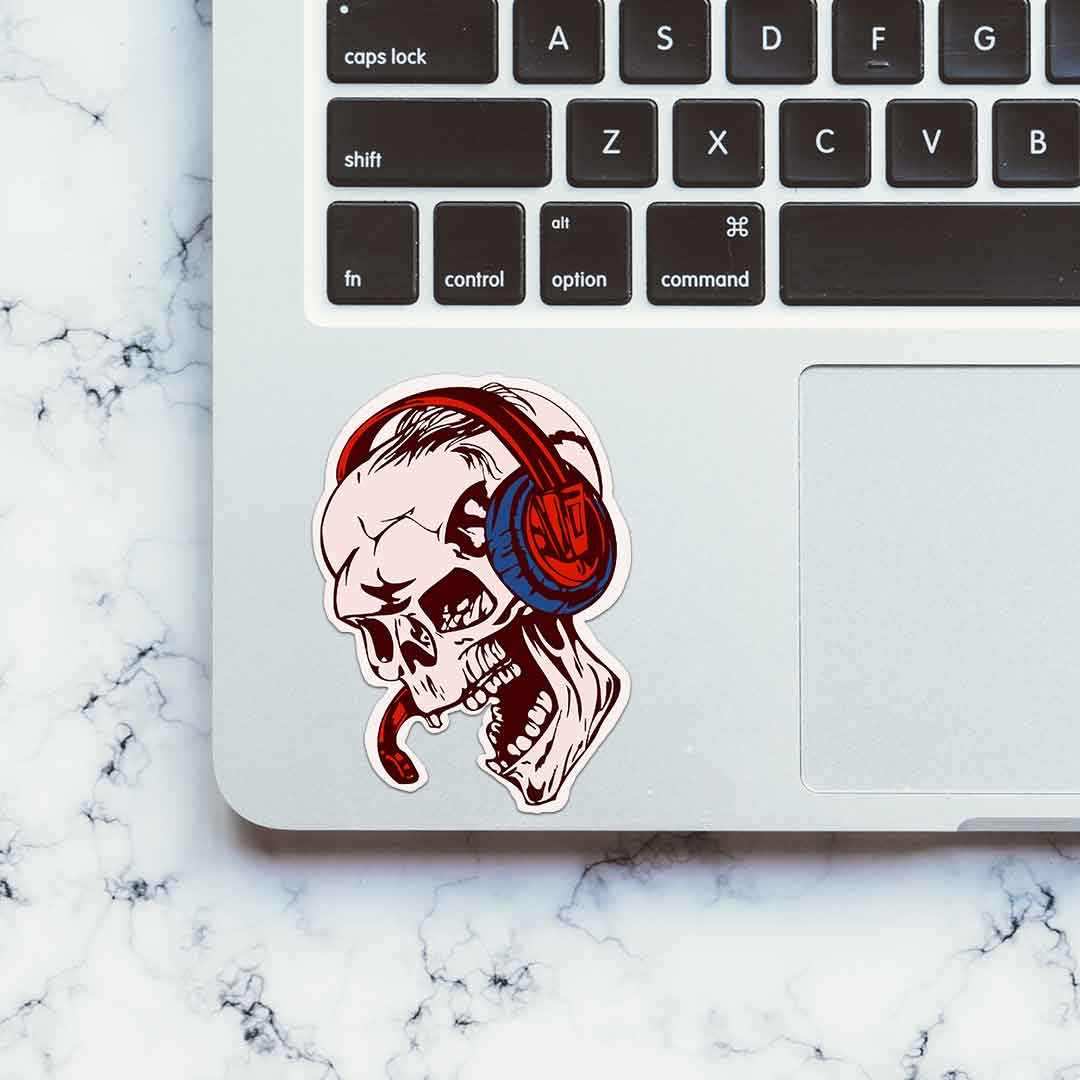 Skull Listening Music Sticker waterproof vinyl decal for laptop, bike, car & bottle