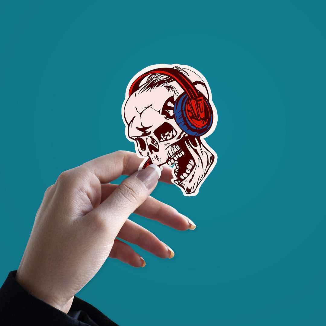 Skull Listening Music Sticker waterproof vinyl decal for laptop, bike, car & bottle